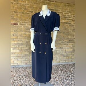 Vintage 80s LIZ ROBERTS Nautical Double Breasted Midi Dress